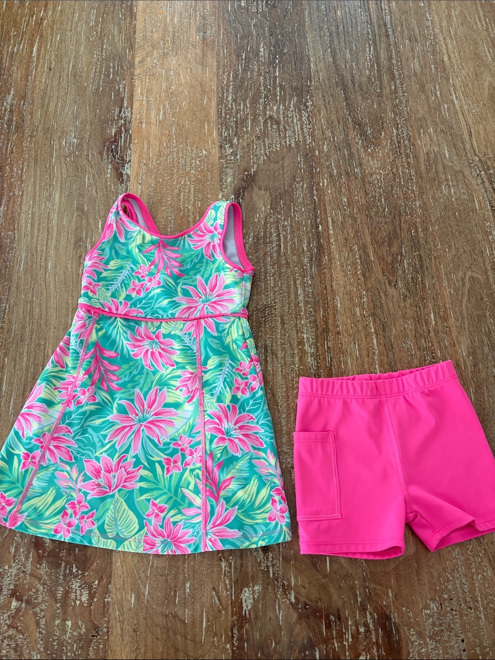 Lilly Pulitzer Pink and Teal Floral Swim Dress with Hot Pink Shorts